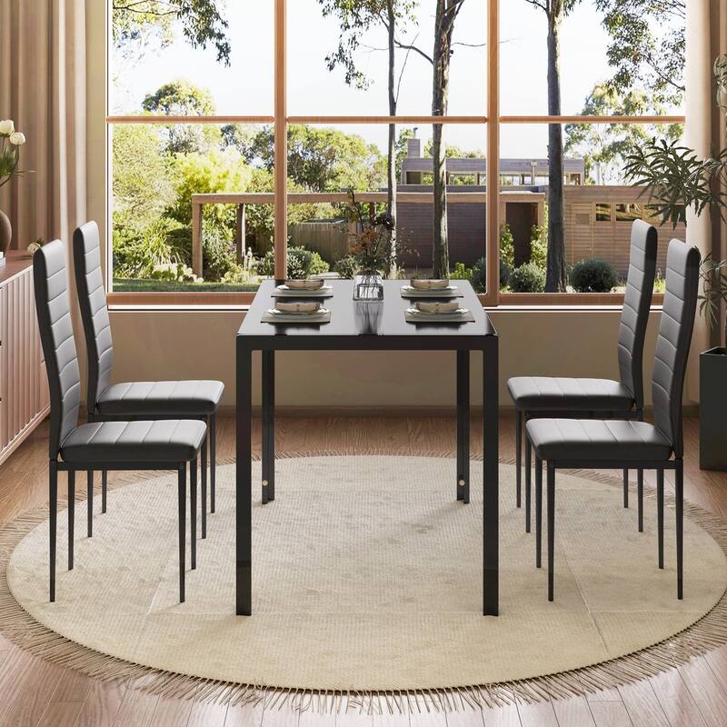 5/7-Piece Glass Top Dining Table Set, Kitchen Table and 4/6 Luxury Faux Leather Chairs, Home Furniture Rectangular Modern, Black - 5-Piece
