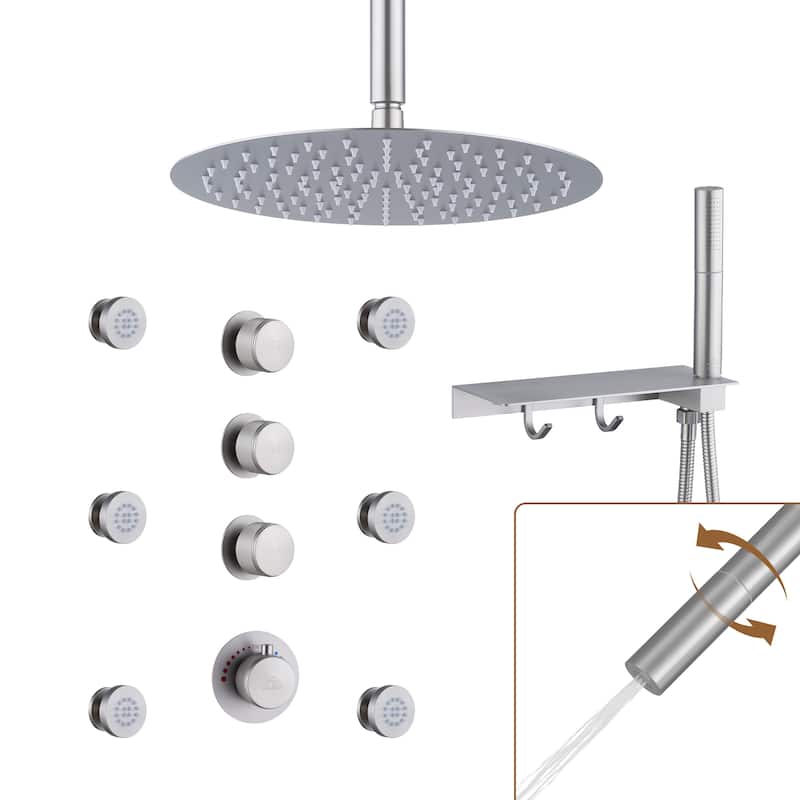 CASAINC Thermostatic 12 inch Rainfall Showerhead with Handheld Spray & 6 Body Jets Set(Can All Run Together) Rain Shower System