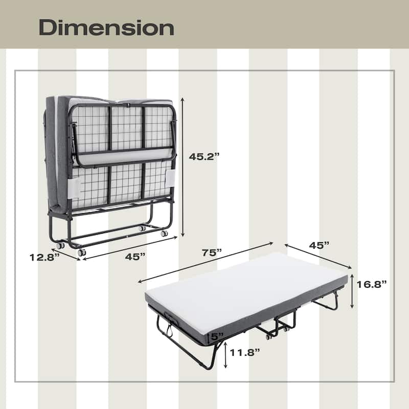 Twin XL Size Metal Frame Foldable Bed with Memory Foam Mattress and Wheels (350lb Capacity)