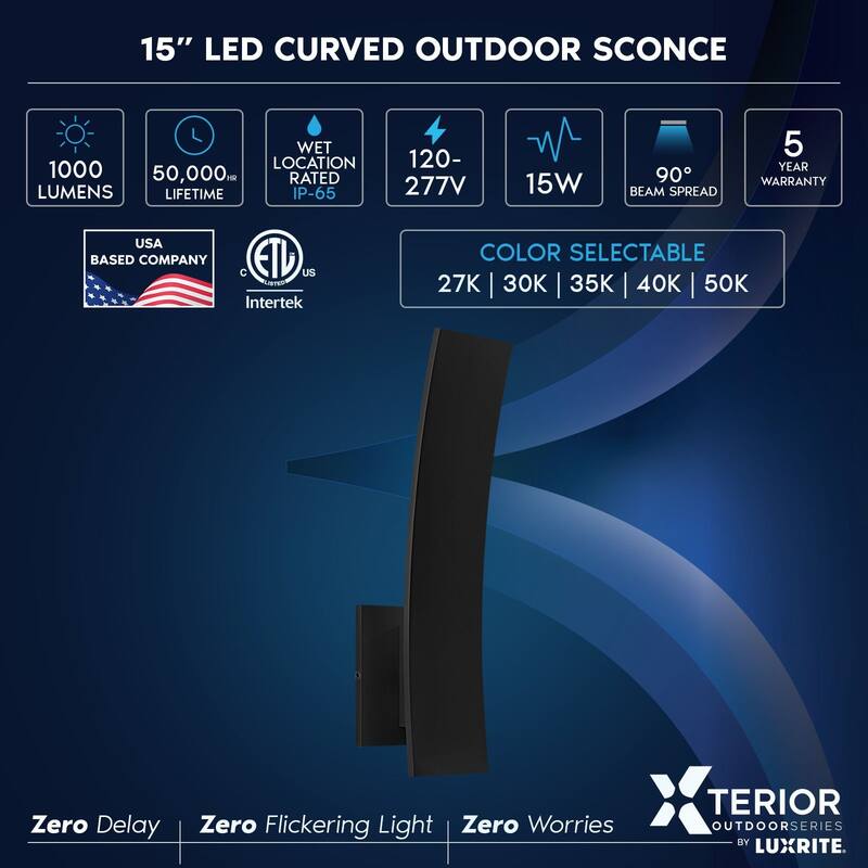 LUXRITE 15-Inch LED Curved Outdoor Wall Sconce, 5CCT, 1000LM, 15W, IP65, Dimmable, Exterior Light Fixture Black 2 Pack