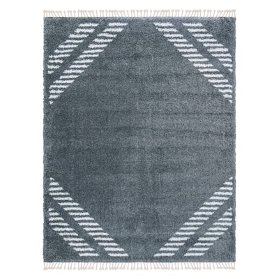 Gertmenian Limmet Lowne Modern Lined Grey/Ivory Plush Fringe Shag Area Rug