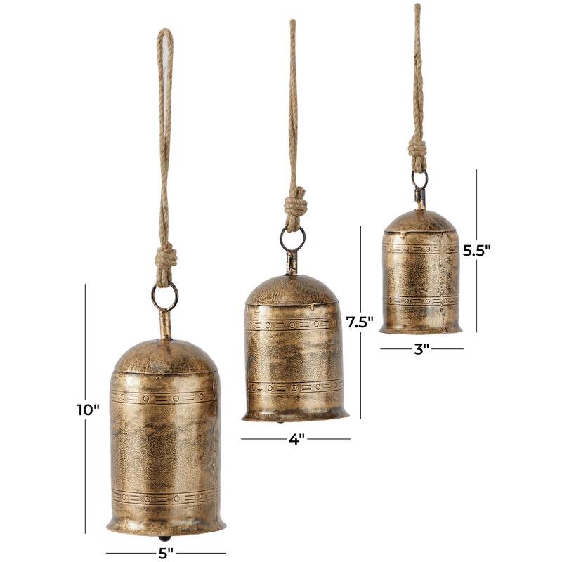 Gold, Gray, Bronze, Black or Red Metal Tibetan Inspired Decorative Cow Bells with Jute Hanging Rope (Set of 3)