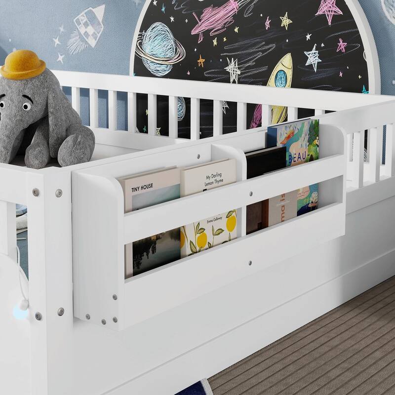 Floor Bed Frame with High Rails, Wooden Kids Floor Bed with Light and Storage Shelf