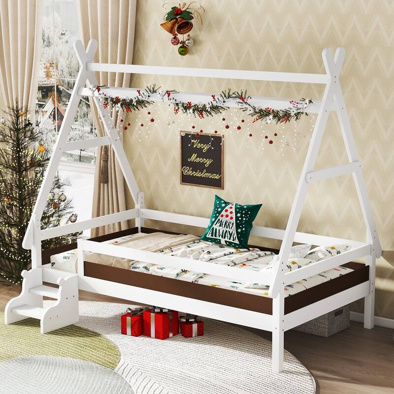 Childlike Fun House-shaped Platform Bed Frame with Low Profile Stairs