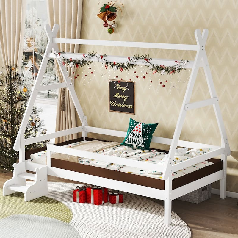 Roomfitters House Platform Bed with Stairs, Solid Wood Low Profile Frame with Roof Design for Playroom - Light White - Twin
