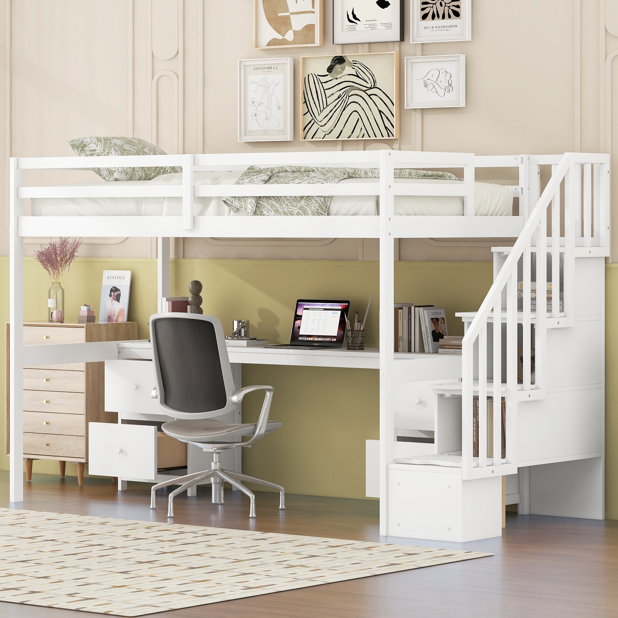 Solid Construction Twin Size Loft Bed Frame with Built-in Desk and Double Storage Drawers
