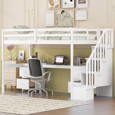 Twin Size Solid Wood Loft Bed with Built-in Desk and Double Storage Drawers