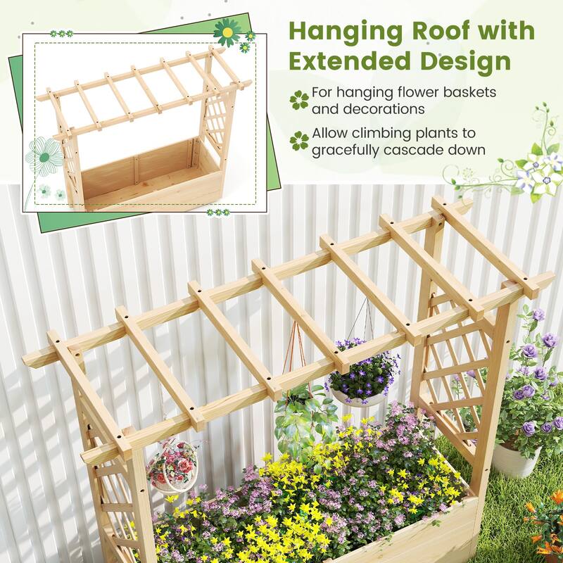 Gymax 2PCS Wooden Raised Garden Bed/ Lattice Trellises Hanging Roof