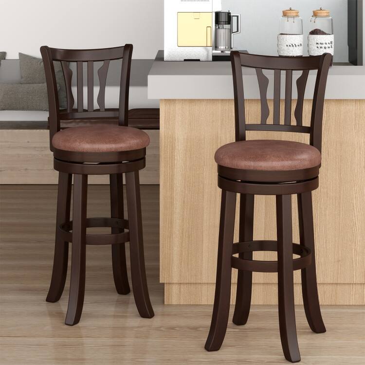 Set of 2 Cappuccino Rubber Wood MDF Faux Leather Swivel Bar Stools with Footrest