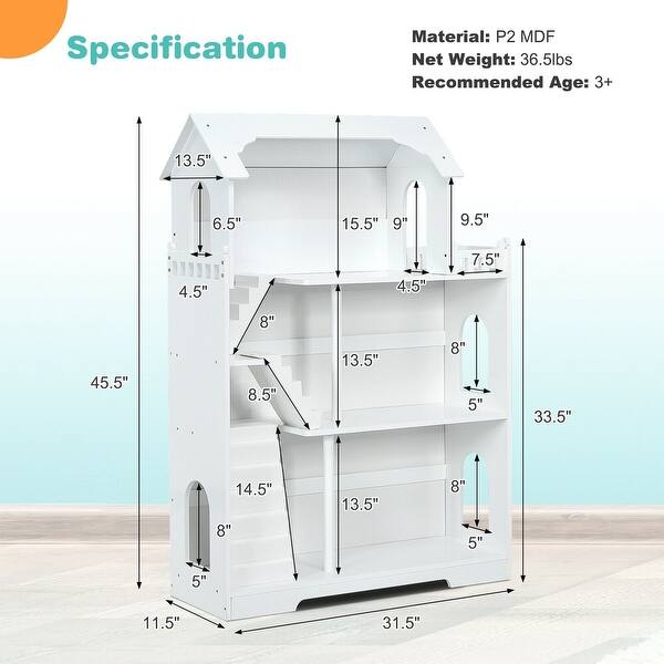 Kids Wooden Dollhouse Bookshelf with Anti-Tip Design and Storage Space - 31.5" x 11.5" x 45.5" (L x W x H)