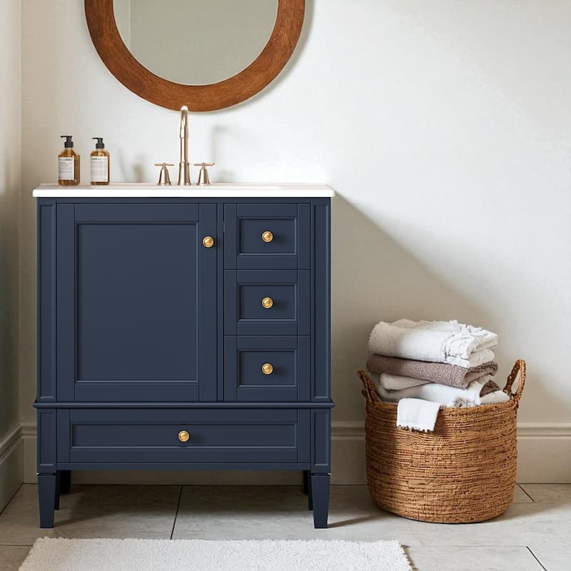 30 Inch Bathroom Vanity with Sink, Modern Freestanding Cabinet with 3 Drawers, Solid Wood Frame & Ceramic Top