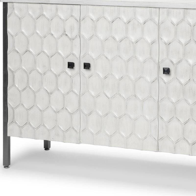 HomeRoots 47" White and Gray Wood and Metal Carved Geometric Accent Cabinet With Three Doors