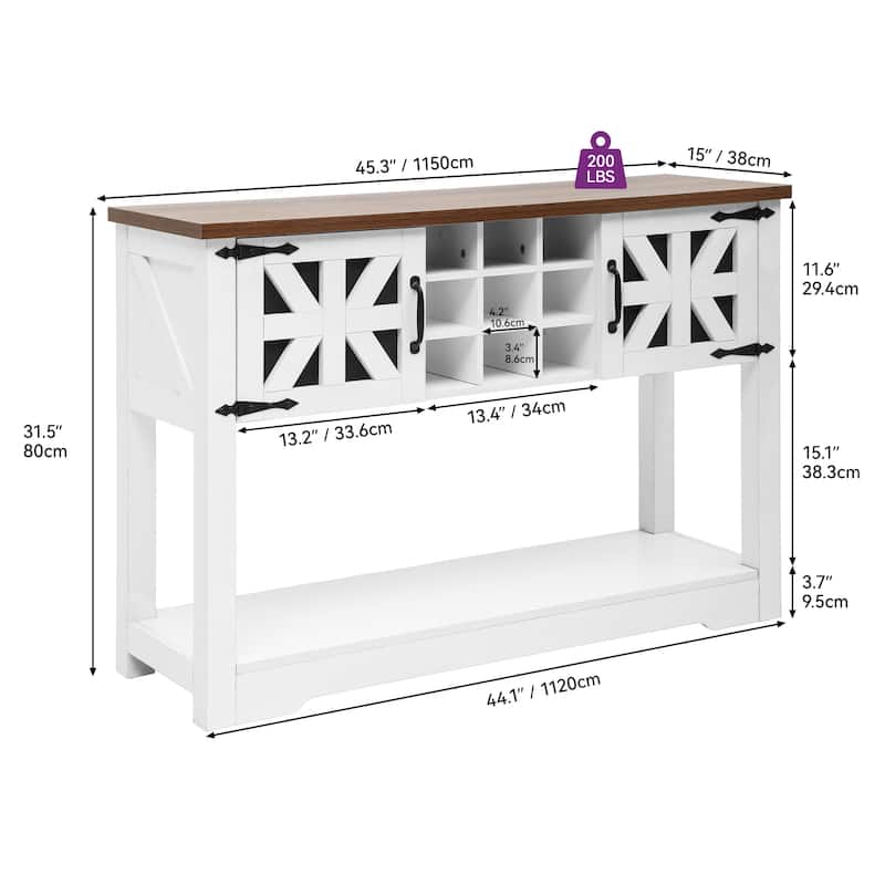 45.5" Farmhouse White Wood Entryway Console Table Buffet Storage Cabinet Wine Rack - 45.3"Lx15"Wx31.5"H