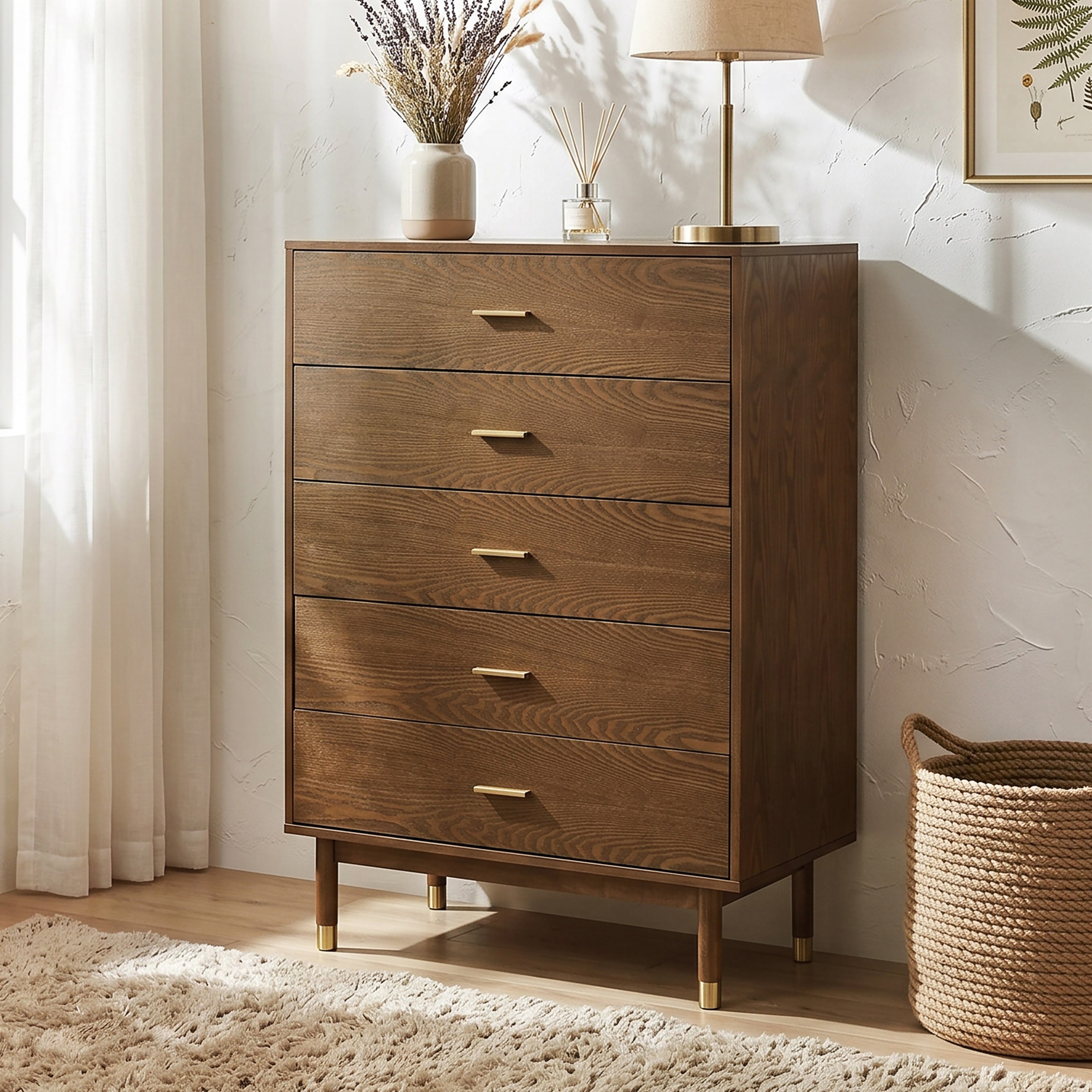 Furniture of America Korva Mid-Century Modern Walnut Wood 5-Drawer Chest