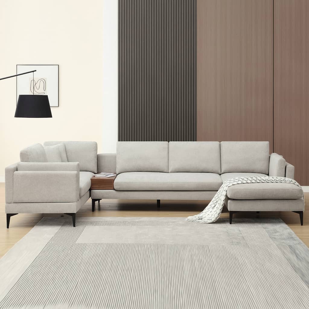 Modular U-shaped Linen Reversible Sofa with a Wooden Side Table Box