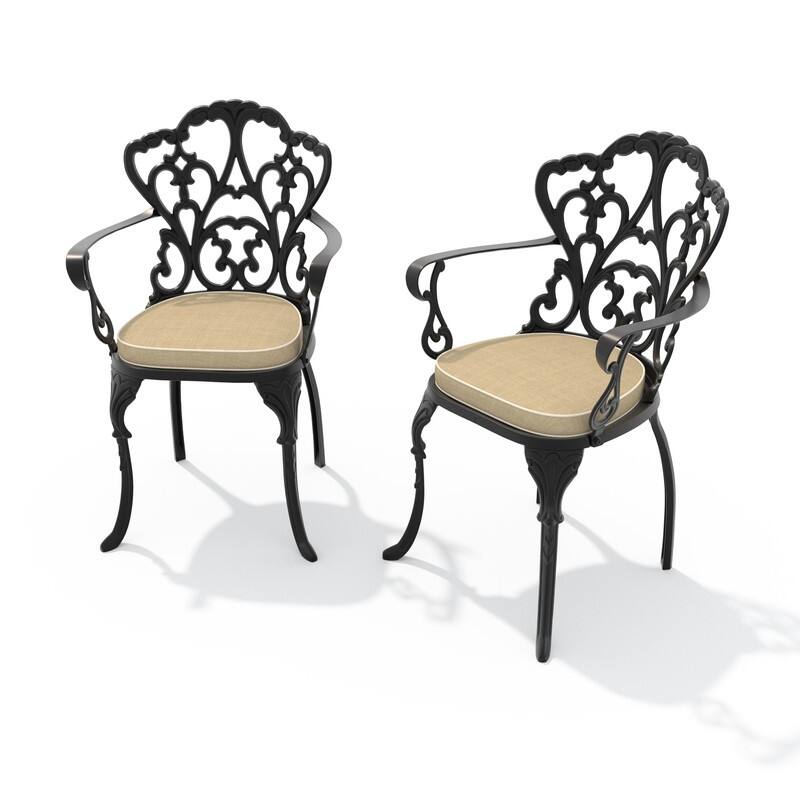 Black Cast Aluminum Patio Outdoor Dining Chairs with Off-White Seat Cushions (Set of 2)