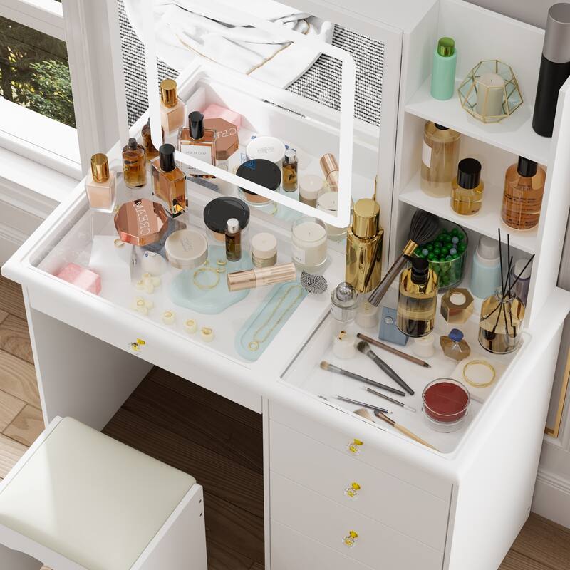 Glass Top Vanity Set with Sliding Mirror and LED Lights Dressing Table - 39.4"W