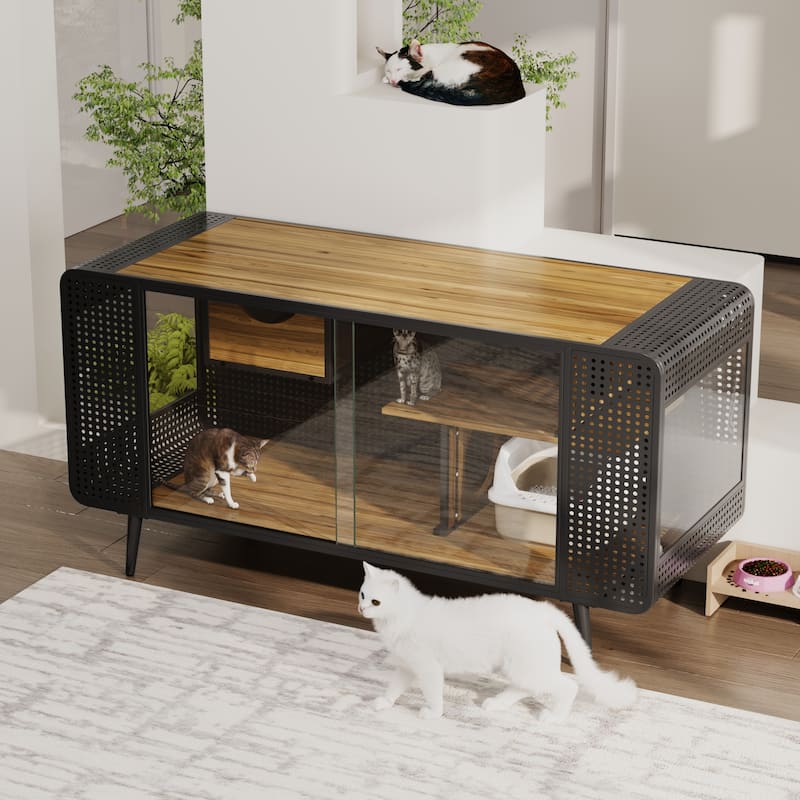 Anmytek 55.12" Spacious Cat House Tempered Glass Indoor Cat Furniture Living Room Pet House