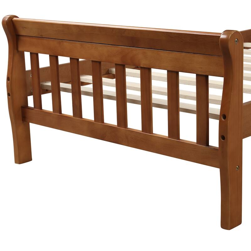 Twin Size Platform Bed Solid Wood Sleigh Bed Frame with Hollow Designed Headboard, Footboard and Wood Slat Support