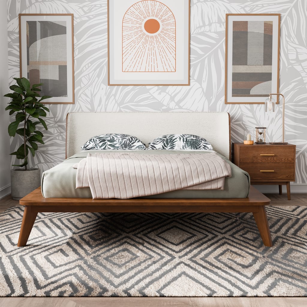 Furniture of America Beau Midcentury 2-Piece Boucle Wingback Low Profile Bed and Nightstand Set