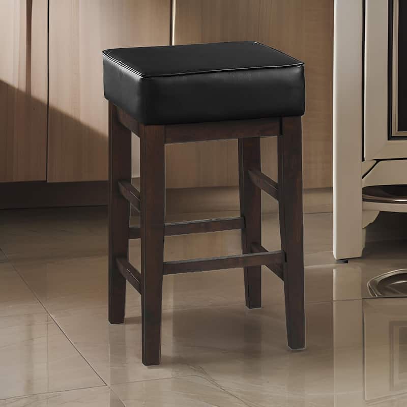 Vin 26 Inch Counter Height Stool, Black Faux Leather Seat, Dark Brown Wood