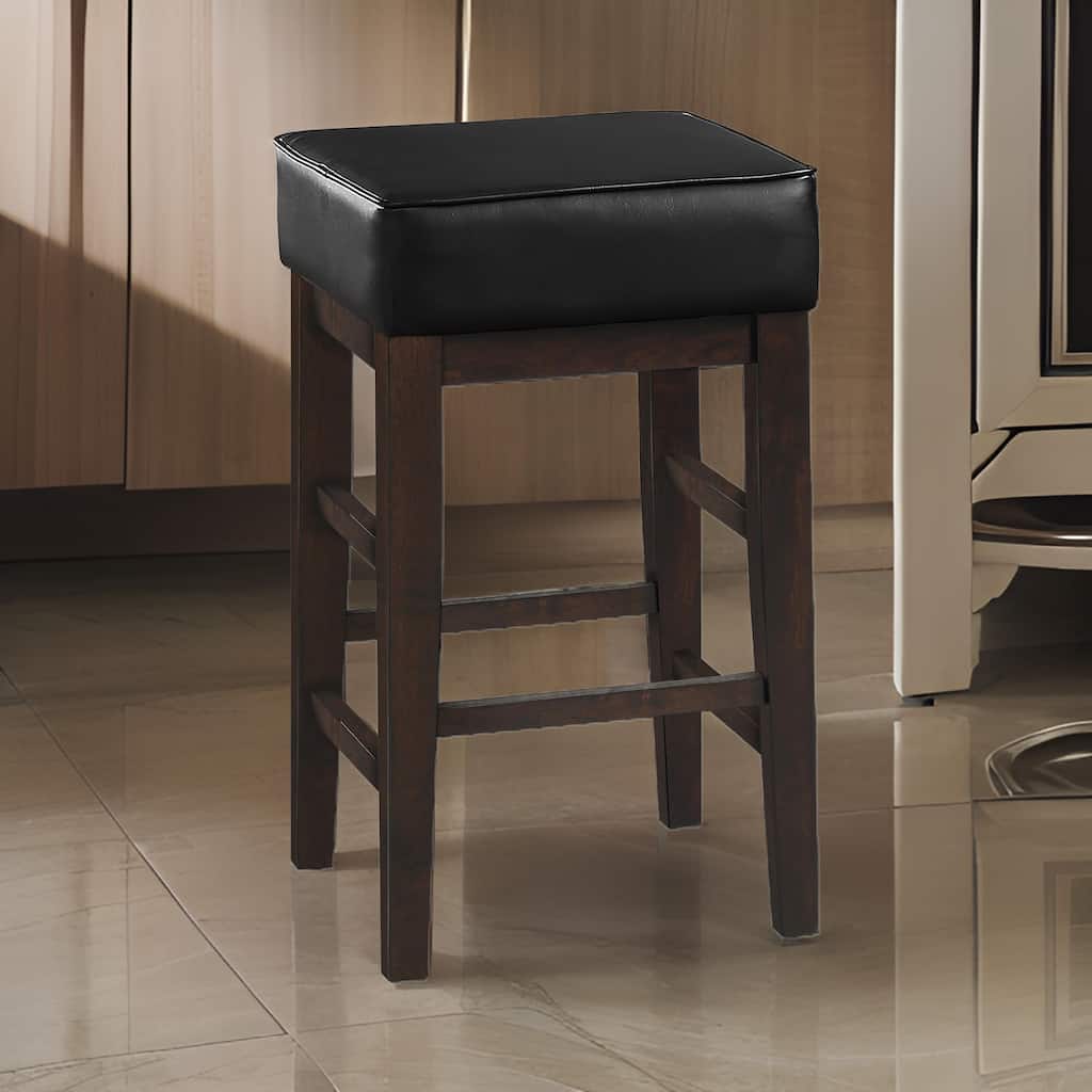 Vin 26 Inch Counter Height Stool, Black Faux Leather Seat, Dark Brown Wood