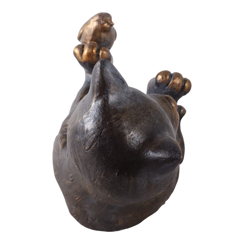 Polyresin Garden Statuary Playful Cat with Bird - 9" Metallic
