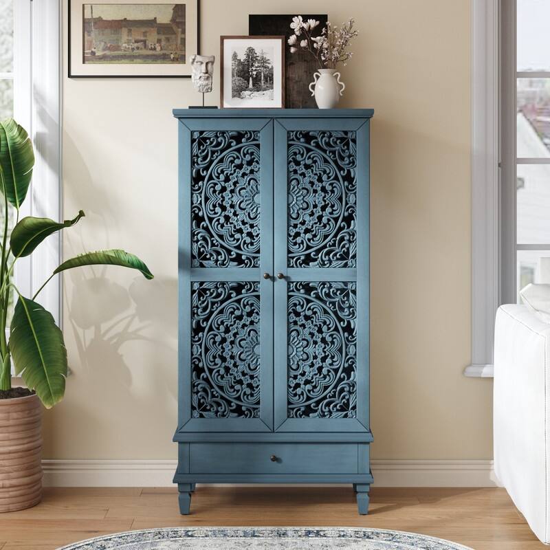 Rustic 55" Tall Storage Cabinet with Drawer, Decorative Carved Wood Accent for Living Room or Dining Area - Antique Blue