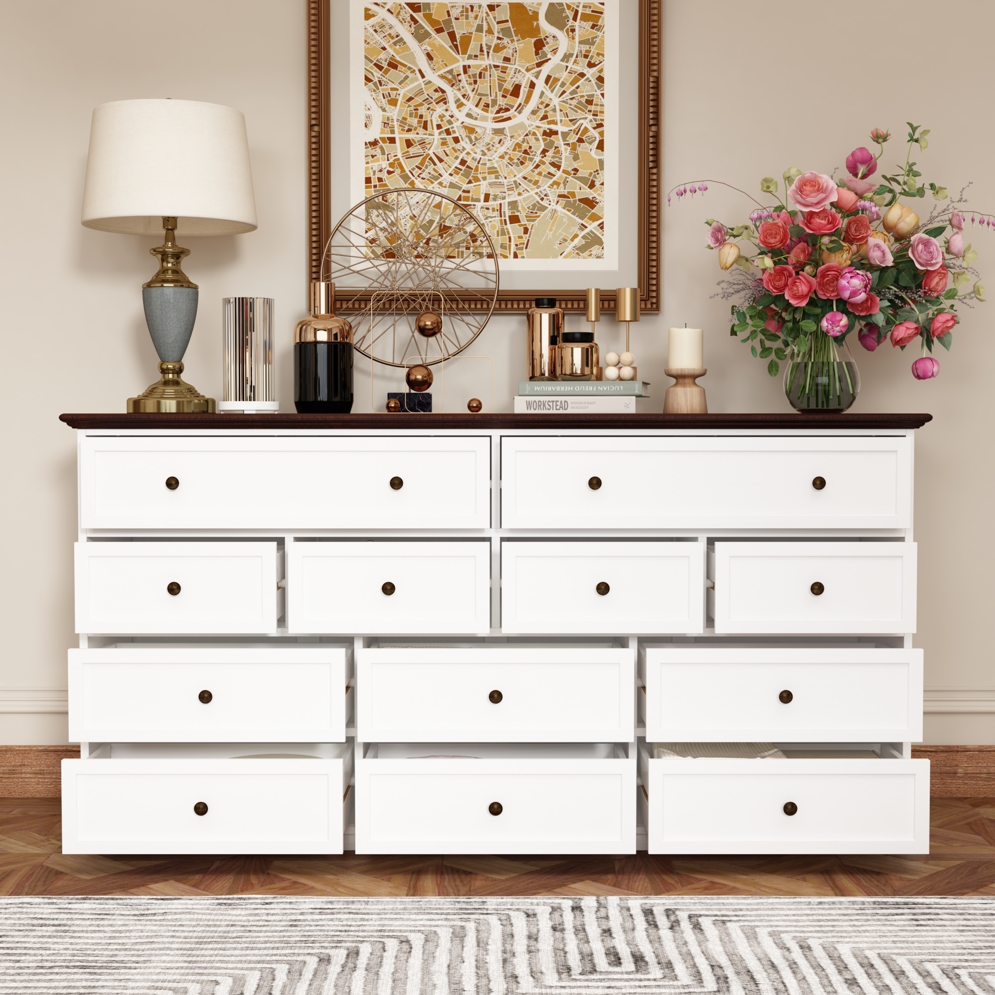 Versatile 12-Drawer Solid Wood Dresser - Brown & White Chest