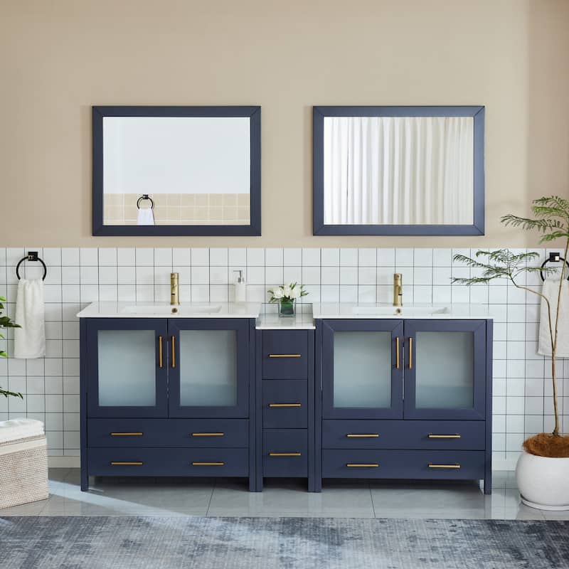 Vanity Art 84" Double Sink Bathroom Vanity Set 7 Dove-Tailed Drawers, 3 Cabinets, 2 Shelves, Soft-Closing Doors with Free Mirror - Blue