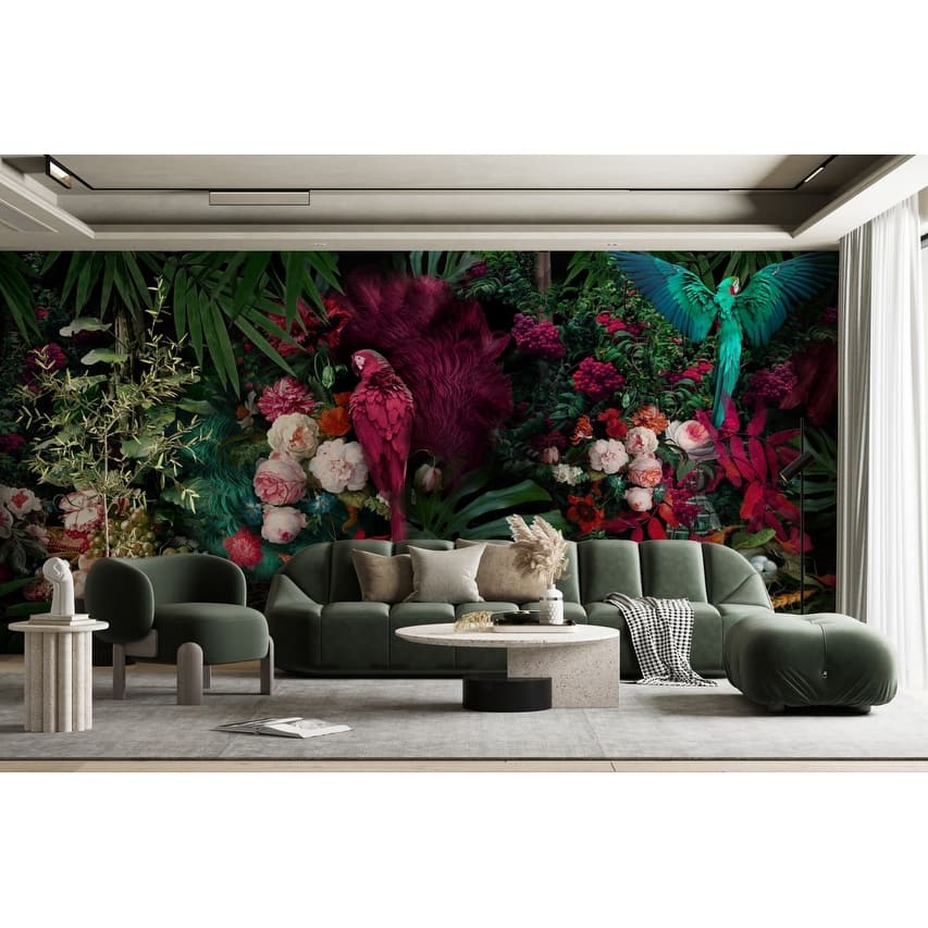 GK Wall Design Colorful Parrot and Peony Flower Wallpaper