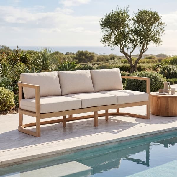 slide 2 of 11, Christopher Knight Home - Mid-Century Acacia Wood Outdoor 3-Seater Patio Sofa with Woven Wicker Back & Water-Resistant Cushions Light Teak+Brown Wicker+Beige