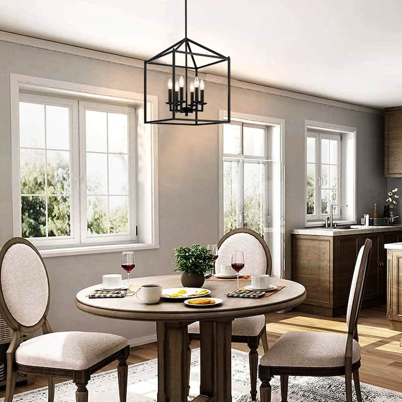 6-light pendant with black finish and steel cage shade