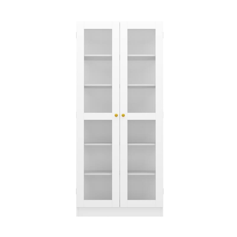 Bookcase Display Cupboard Curio Cabinet 2 Glass Door White Lacquer - 70.9"Hx31.5"W