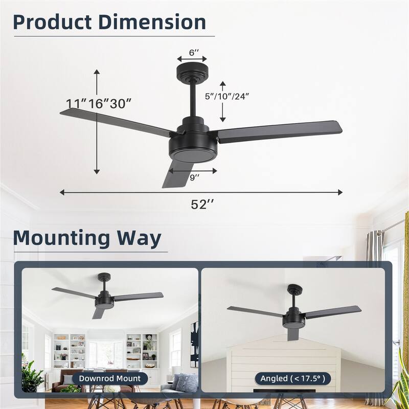 Sofucor 52Inch Ceiling Fan with Remote(No Light),Indoor Outdoor,6-Speed with 3 ABS Blades,Farmhouse,Quiet Reversible DC Motor