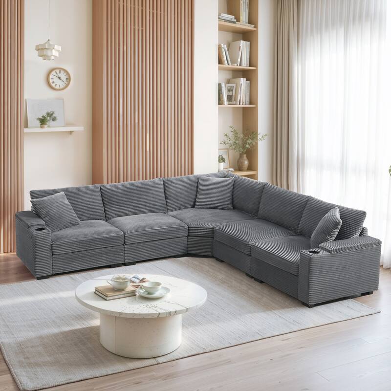 L Shaped Convertible Sectional Sofa w Armrest Storage, Cup Holders, USB - Gray