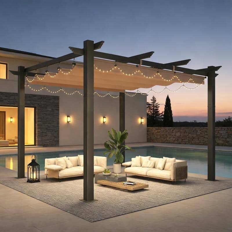 EROMMY 10' x 13' Outdoor Pergola with Retractable Canopy, Heavy-Duty Metal Frame and Adjustable Patio Shade Roof