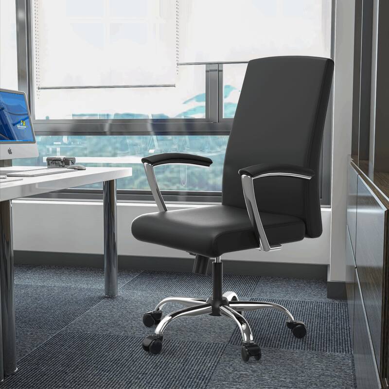 LeisureMod Evander Modern Swivel Office Chair in Faux Leather with Silver Frame