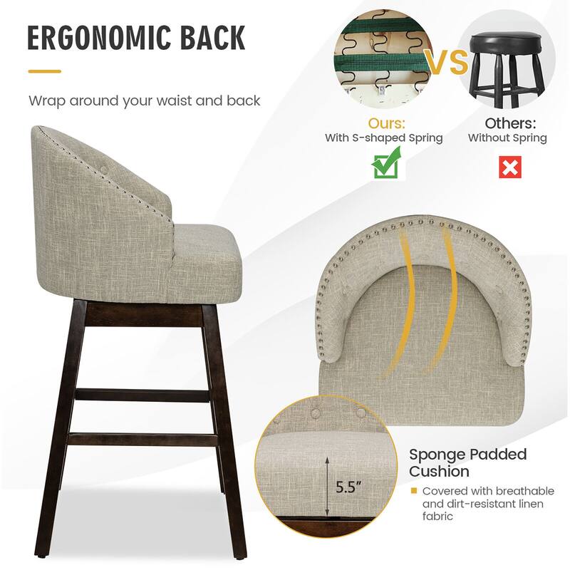 Gymax Set of 2 Swivel Bar Stools Tufted Bar Height Pub Chairs w/