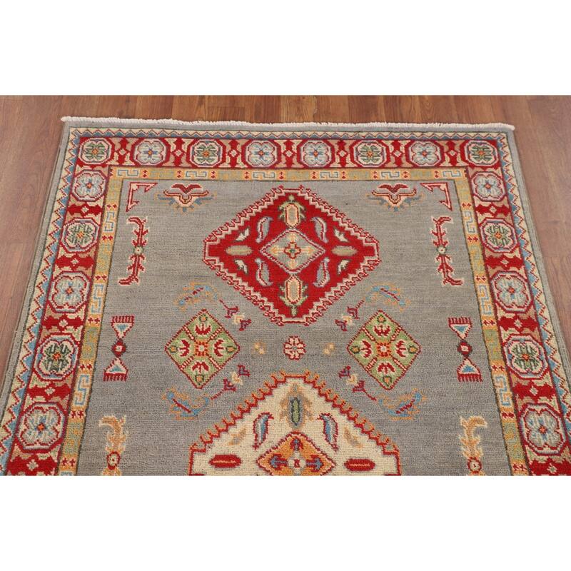 Geometric Kazak Accent Rug Hand-Knotted Oriental Wool Carpet - 3'3" x 5'0"