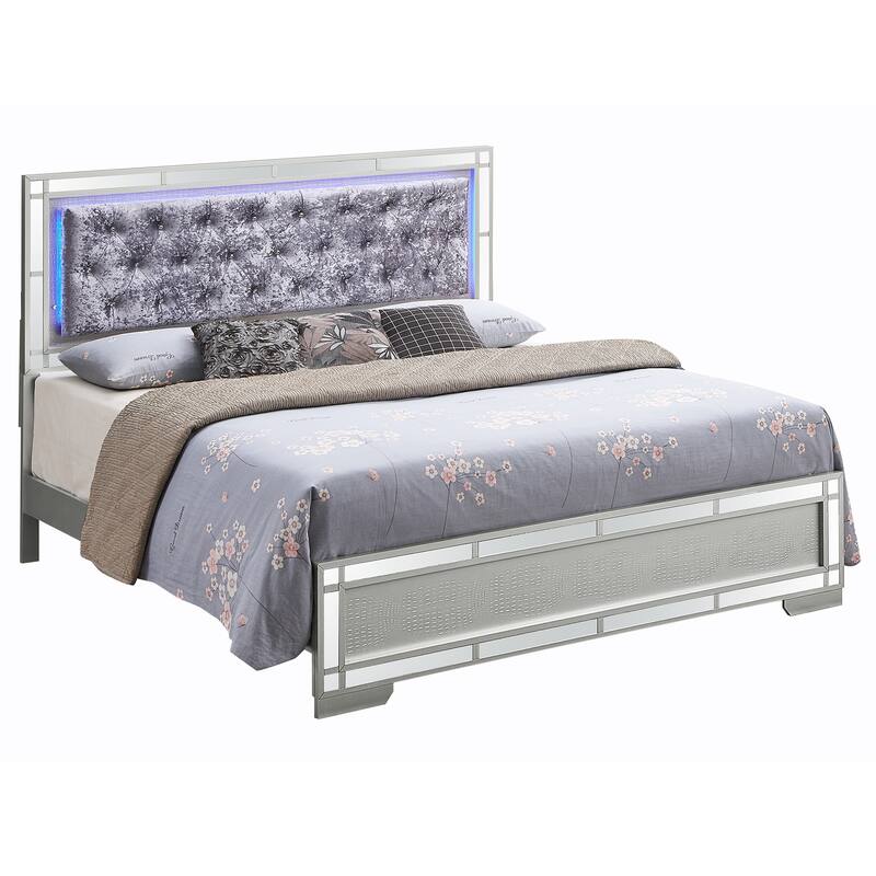LED Lighted Velvet Tufted Queen Panel Bed - 85" - Silver Champange Finish