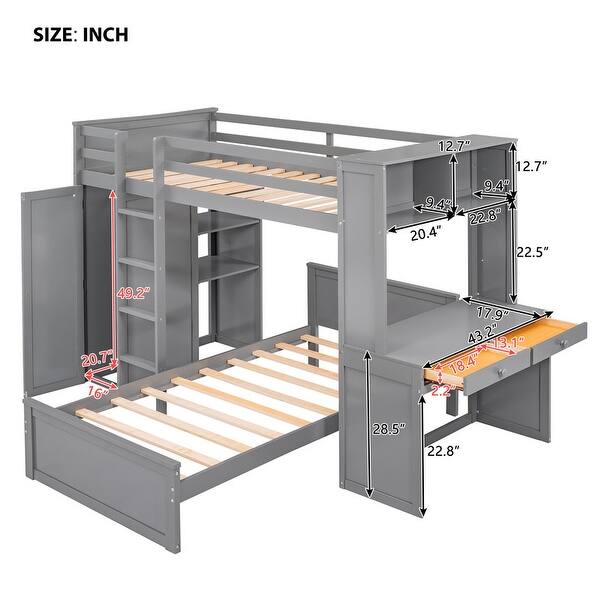 dimension image slide 5 of 6, Twin Loft Bed with Twin Stand-alone bed, Shelves,Desk,and Wardrobe