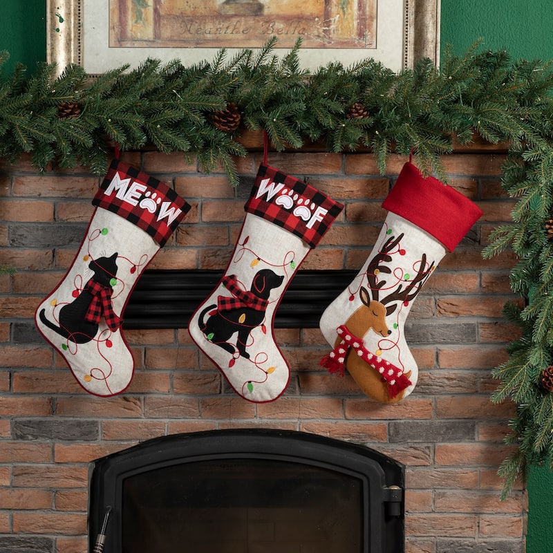 Glitzhome 21"L LED Embroidered Linen Reindeer Cat Dog Christmas Stockings
