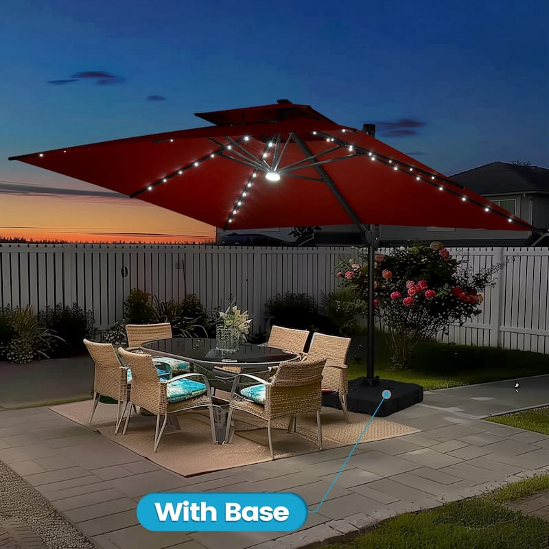13 x 10 FT Outdoor Patio Cantilever LED Lighted Double Vented Umbrella with Base - Red