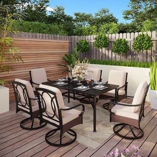 7-Piece Patio Dining Set of 6 Swivel Rattan Chairs with Cushion and 1 Metal Framed Table - N/A