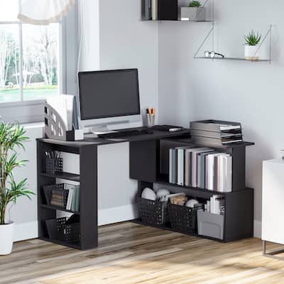 Modern L Shaped Computer Desk with 360° Rotating Support and Built In Shelves for Home Office or Bedroom