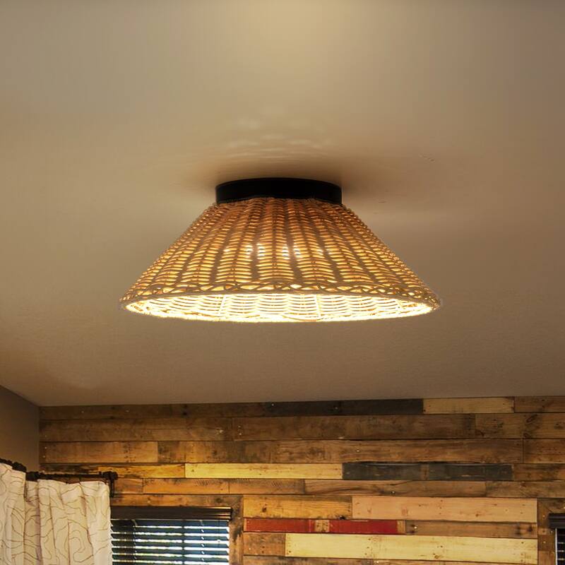 Modern Farmhouse Woven Rattan Umbrella Cone-Shaped Flush Mount Integrated LED Ceiling Light - Beige - 13.4"W x 4.5"H