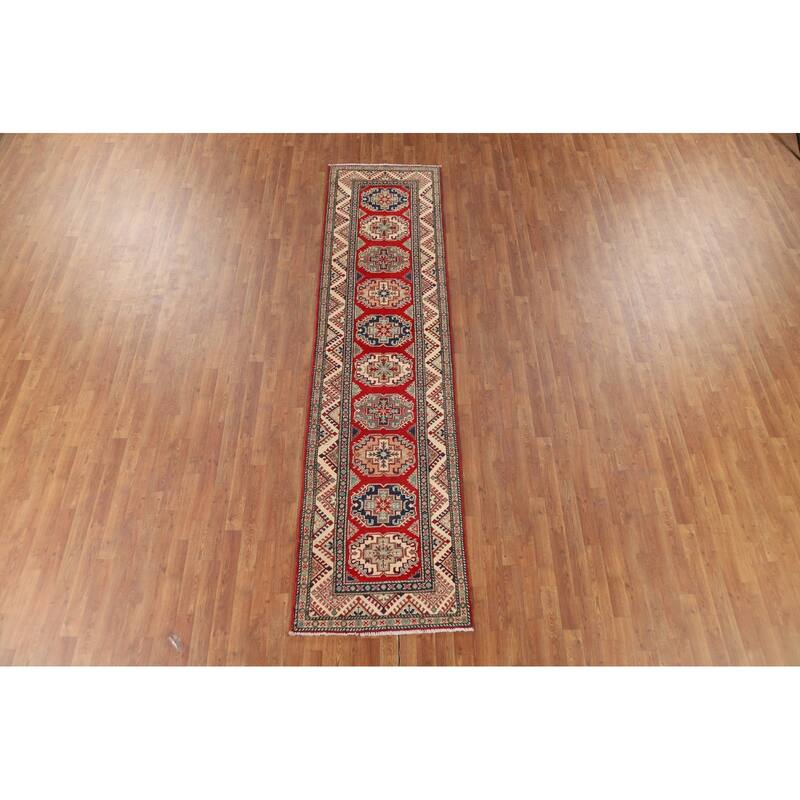 Geometric Kazak Runner Rug Handmade Wool Carpet - 2'7" x 10'7"