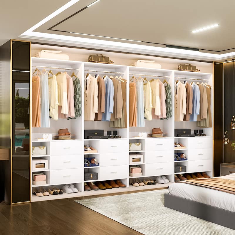 Cimly 30'' W Freestanding Closet System with Hanging Rod, Closet Organizer with Drawers and Shelves - 4pcs - White