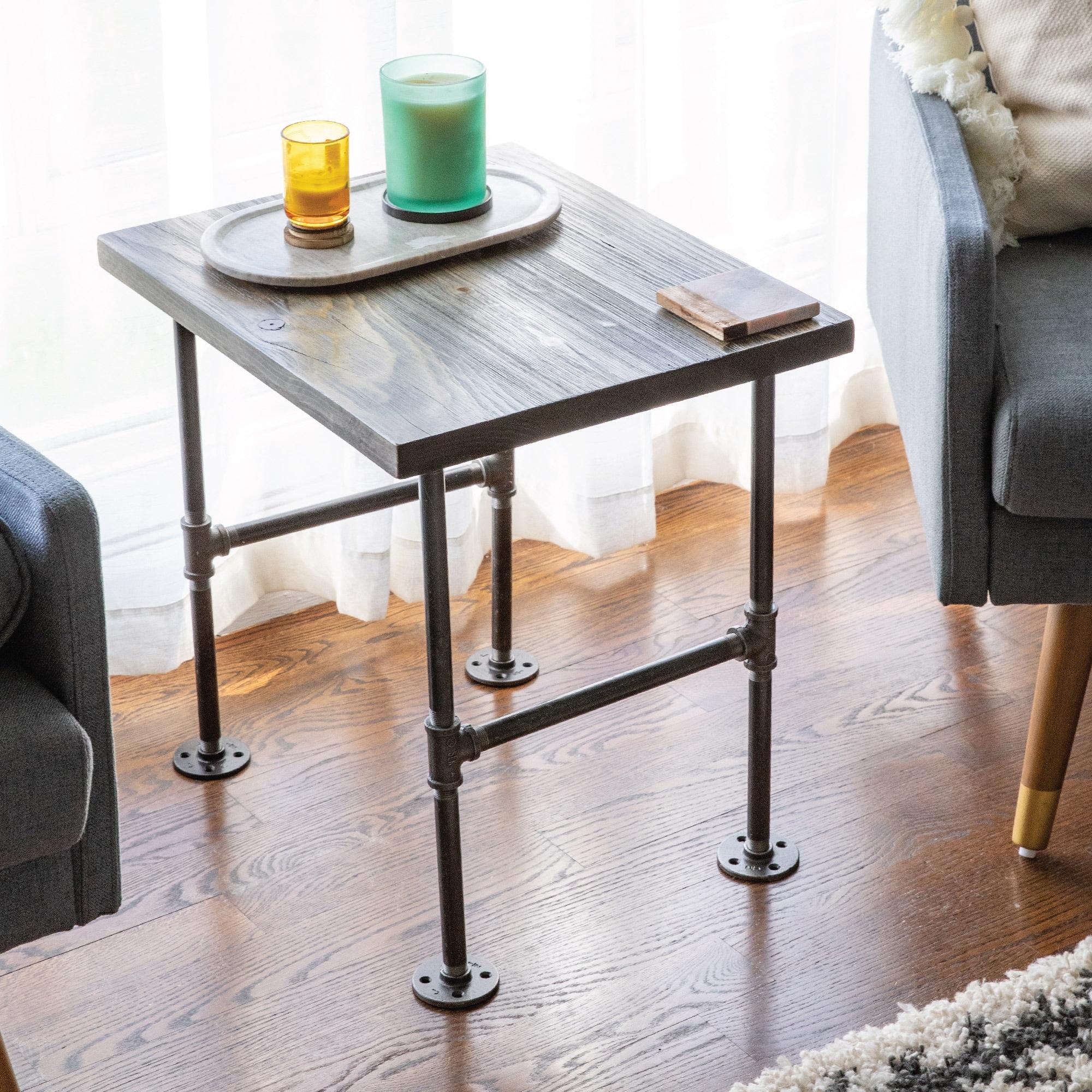 Industrial wood store end table